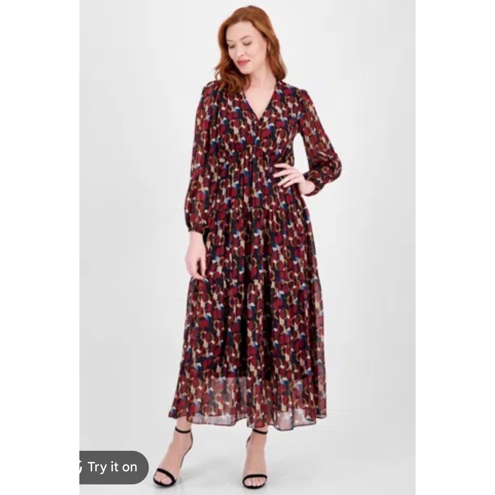 Robbie Bee 14 Maxi Dress Geometric Fall Print Long Sleeve Modest Autumn Wedding